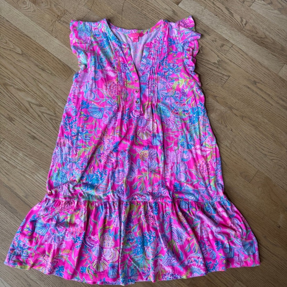 Lilly Pulitzer Hot Pink Tropical Print Ruffle Dress